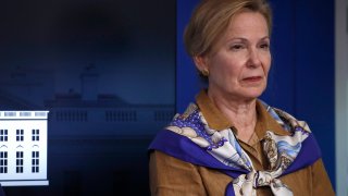 In this April 6, 2020, file photo, Dr. Deborah Birx, White House coronavirus response coordinator, listens as President Donald Trump speaks about the coronavirus in the James Brady Press Briefing Room of the White House in Washington, DC.