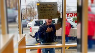 New Jersey nurse Allison Swendson took this photo of a grateful man outside the Morristown Medical Center.