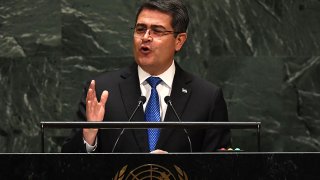 In this Sept. 25, 2019, file photo, President of Honduras Juan Orlando Hernandez Alvarado speaks at the 74th Session of the General Assembly at the United Nations headquarters in New York.