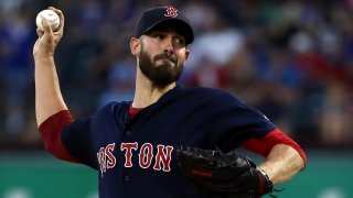 Rick Porcello of the Boston Red Sox throws against the Texas Rangers in the first inning at Globe Life Park in Arlington on September 25, 2019 in Arlington, Texas.