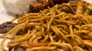 A close-up of American style Chinese food