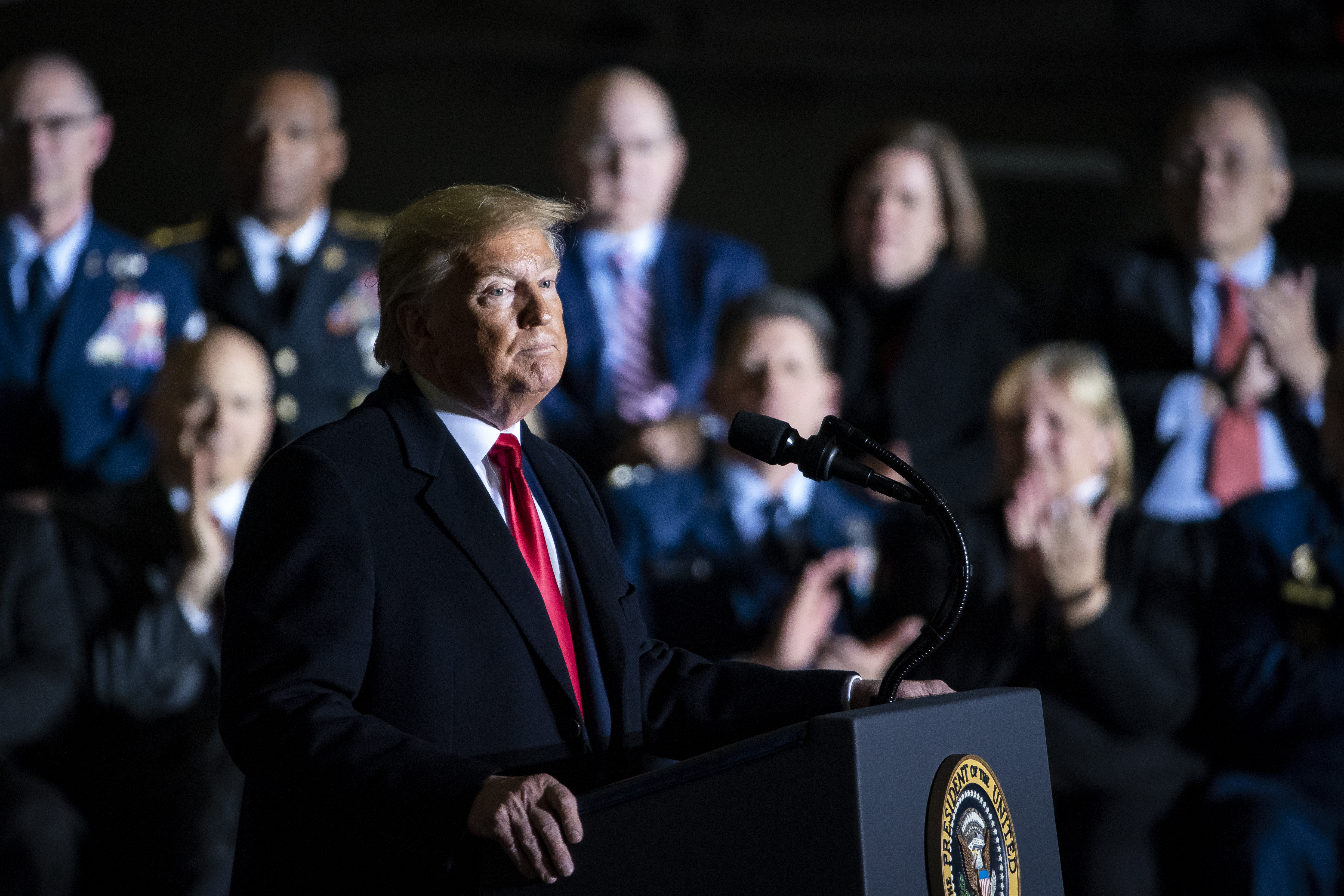 President Donald Trump speaks during a signing ceremony at Joint Base Andrews, Maryland, U.S., on Friday, Dec. 20, 2019. Trump signed the $738 billion National Defense Authorization Act bill, notably creating the new Space Force in exchange for implementing a 12-week paid parental leave for federal workers.
