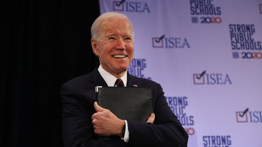 Democratic presidential candidate, former U.S. Vice President Joe Biden appears at the Iowa State Educators Association (ISEA) forum to speak at the Sheraton West Des Moines Hotel on Jan. 18, 2020, in West Des Moines, Iowa.