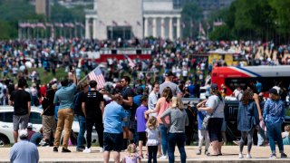 A large crowd gathers on the National Mall to watch the Navy's Blue Angels and the Air Force's Thunderbirds conduct a flyover of Washington, D.C
