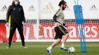 In this May 15, 2020, file photo, the Real Madrid team does a training session during the COVID-19 pandemic at Valdebebas training ground in Madrid, Spain.