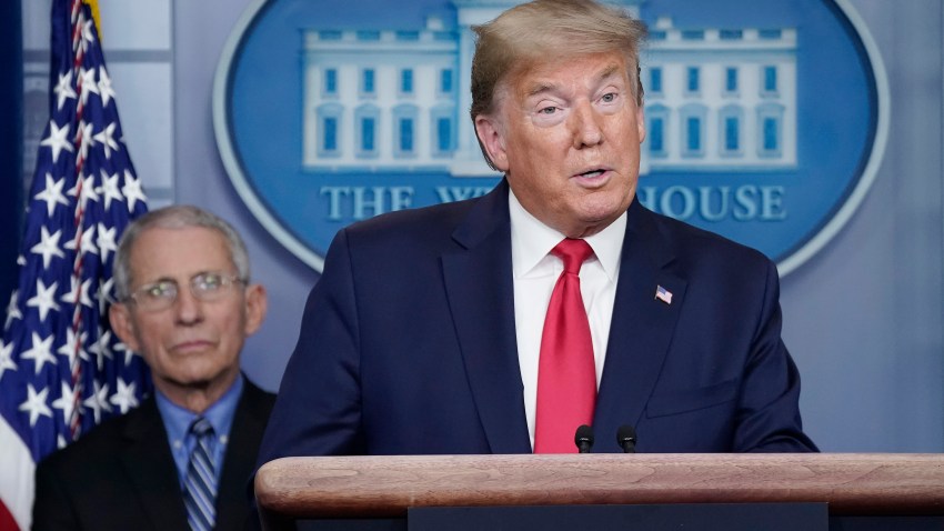 President Donald Trump addresses the media