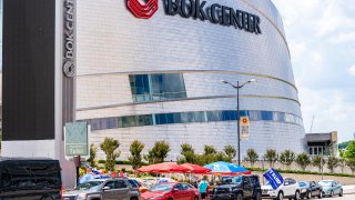 Vehicles sit parked outside of the BOK Center ahead of a rally for U.S. President Donald Trump in Tulsa, Oklahoma, U.S., on Wednesday, June 17, 2020.