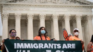 DACA recipients and their supporters rally outside the U.S. Supreme Court on June 18, 2020 in Washington, DC. On Thursday morning, the Supreme Court, in a 5-4 decision, denied the Trump administration's attempt to end DACA, the Deferred Action for Childhood Arrivals program.