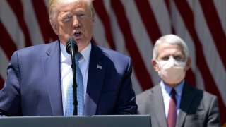 U.S. President Donald Trump is flanked by Dr. Anthony Fauci, director of the National Institute of Allergy and Infectious Diseases while speaking about coronavirus vaccine development in the Rose Garden of the White House on May 15, 2020 in Washington, D.C.