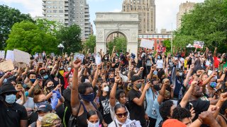 Crowds gather for a Black Lives Matter rally in Washington Square Park on June 06, 2020 in New York, New York.