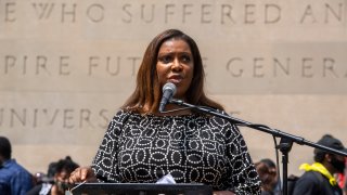 New York State Attorney General Letitia James speaks at the Brooklyn memorial service for George Floyd