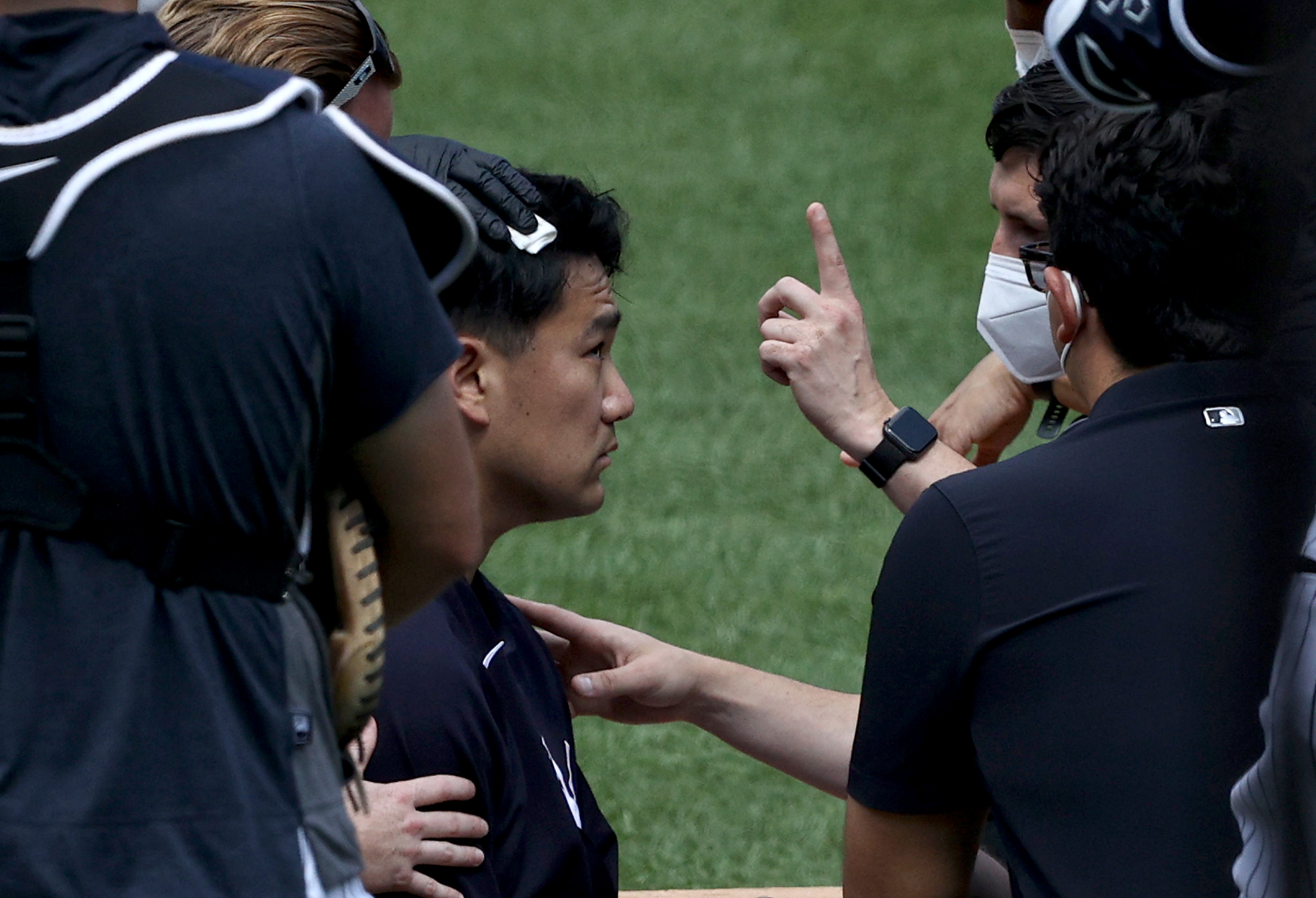 Yankees' Masahiro Tanaka hit in head with Giancarlo Stanton line drive  during summer camp workout 