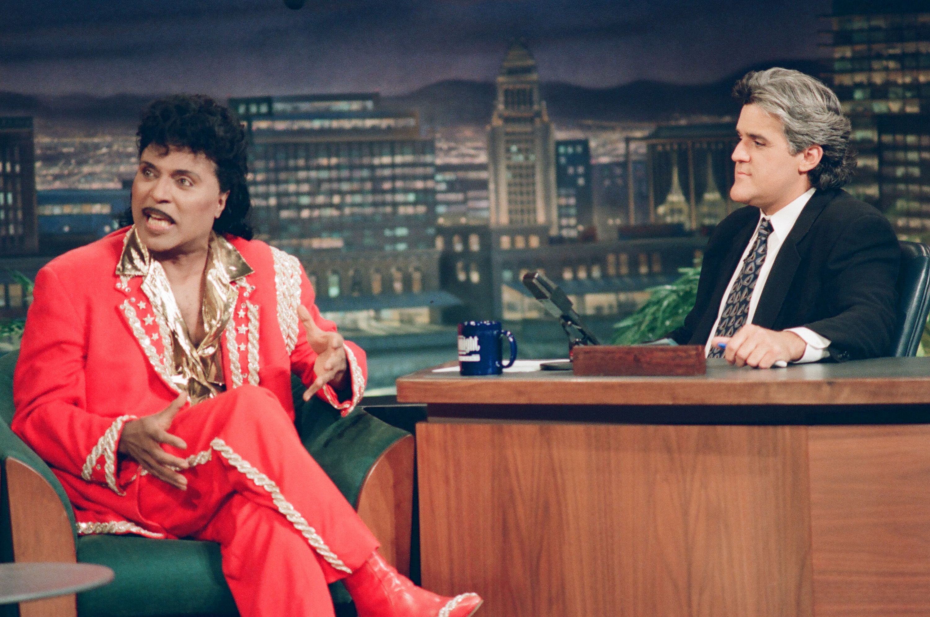 Musical guest Little Richard during an interview with host Jay Leno on June 6, 1994.