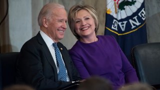 Vice President Joe Biden and former Secretary of State Hillary Clinton attend a portrait unveiling ceremony for retiring Senate Minority Leader Harry Reid, D-Nev., in Russell Building's Kennedy Caucus Room, December 08, 2016.