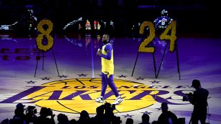 LeBron James #23 of the Los Angeles Lakers speaks during the pregame ceremony to honor Kobe Bryant