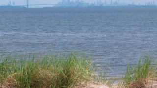 In this June 3, 2019 file photo, the New York City skyline is seen behind Raritan Bay from Middletown, N.J. On Thursday, Feb. 20, 2020, Oklahoma-based Williams Companies said it is resuming its effort to gain approval from New Jersey environmental regulators for a nearly $1 billion pipeline that would bring natural gas from Pennsylvania through New Jersey, out into Raritan Bay and into the ocean before reaching New York and Long Island.