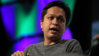 In this Sept. 18, 2017, file photo, Pinterest CEO Ben Silbermann speaks with Matthew Lynley of TechCrunch during the TechCrunch Disrupt SF 2017 in San Francisco, California.