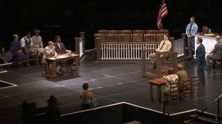 Stage set up as a court room for the To Kill a Mockingbird play at Madison Square Garden