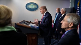 In this file photo, President Donald Trump speaks about the coronavirus accompanied by Dr. Deborah Birx, White House coronavirus response coordinator, left, Centers for Disease Control and Prevention Director Dr. Robert Redfield, Vice President Mike Pence, and Dr. Anthony Fauci, director of the National Institute of Allergy and Infectious Diseases, in the James Brady Press Briefing Room of the White House, Thursday, April 16, 2020, in Washington.