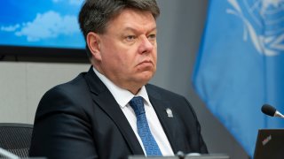 In this March 3, 2020, file photo, SG of the World Meteorological Organization Petteri Taalas briefs the press on climate change at UN Headquarters.