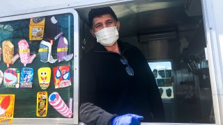 In this April 11, 2020, file photo, Mister Softee ice cream truck driver Mutlu Gani pauses for a photo while waiting for customers in the Brooklyn borough of New York.