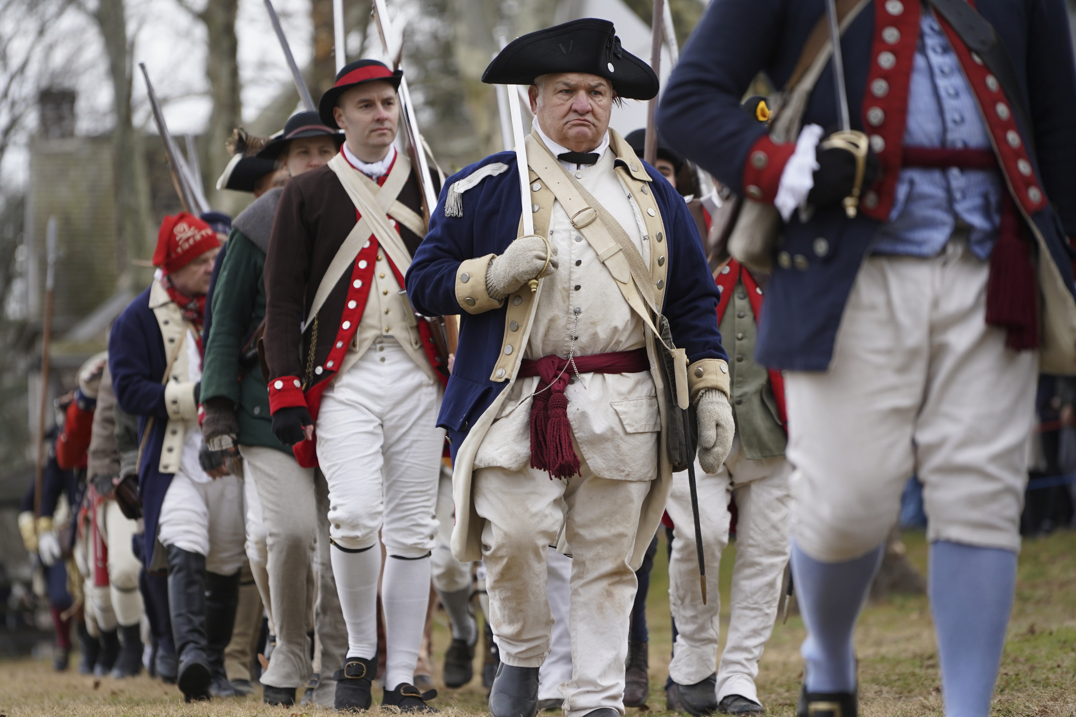 Revolutionary war re-enactors participate in the 66th annual re-enactment of Gen. George Washington crossing the Delaware River, Dec. 25, 2018, in Upper Makefield, Pa.