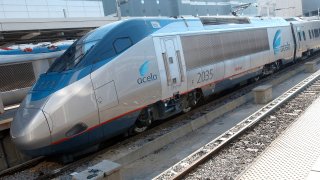 An Acela Express train sits parked December 10, 2001 at South Station in Boston Massachusetts.