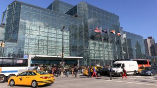 An exterior of the Javits Center during the first day of New York Comic Con.