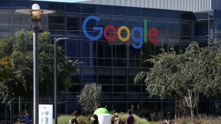 The Google logo is displayed at the Google headquarters on September 2, 2015 in Mountain View, California.