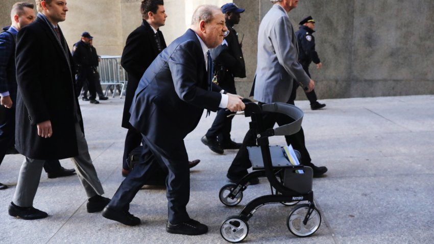 NEW YORK, NEW YORK – FEBRUARY 24: Harvey Weinstein enters a Manhattan court house as a jury continues with deliberations in his trial on February 24, 2020 in New York City. On Friday the judge asked the jury to keep deliberating after they announced that they are deadlocked on the charges of predatory sexual assault. Weinstein, a movie producer whose alleged sexual misconduct helped spark the #MeToo movement, pleaded not-guilty on five counts of rape and sexual assault against two unnamed women and faces a possible life sentence in prison. (Photo by Spencer Platt/Getty Images)