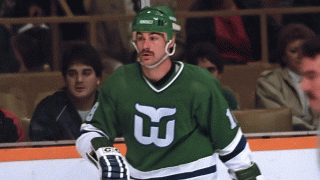 Scot Kleinendorst of the Hartford Whalers skates up ice against the Toronto Maple Leafs at Maple Leaf Gardens in Toronto, Ontario, Canada on Oct. 30, 1986.