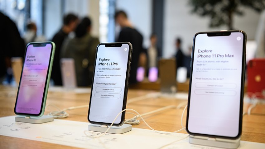 The iPhone 11, 11 Pro and 11 Pro Max are displayed as the iPhone 11 goes on sale, on September 20, 2019. (Photo by Leon Neal/Getty Images)