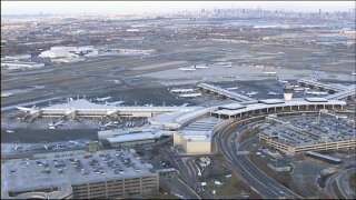 An aerial view showing terminals, buildings and planes of of Newark Liberty International Airport in Newark, New Jersey