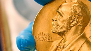 In this April 17, 2015, file photo a national library employee shows the gold Nobel Prize medal awarded to the late novelist Gabriel Garcia Marquez, in Bogota, Colombia.