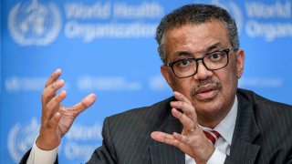 In this file photo, World Health Organization (WHO) Director-General Tedros Adhanom Ghebreyesus talks during a daily press briefing on COVID-19 virus at the WHO headquaters in Geneva on March 11, 2020.