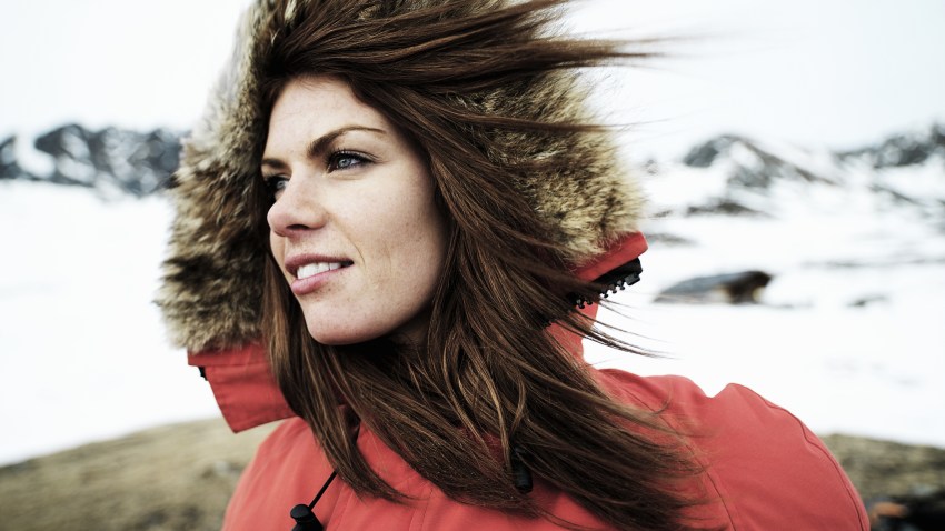 woman wind blowing winter coat