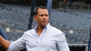 Former Yankee Alex Rodriguez prior to the start of a game against the New York Mets at Yankee Stadium on July 22, 2018 in the Bronx borough of New York City