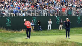 Gary Woodland of the United States plays a second shot on the 17th hole during the final round of the 2019 U.S. Open at Pebble Beach Golf Links on June 16, 2019 in Pebble Beach, California.