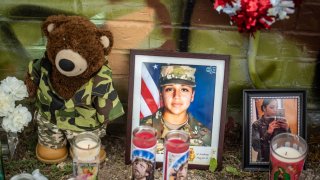 AUSTIN, TX - JULY 06: People pay respects at a mural of Vanessa Guillen, a soldier based at nearby Fort Hood on July 6, 2020 in Austin, Texas. A suspect in the disappearance of Guillen, whose remains were found in a shallow grave, faced a judge Monday morning.