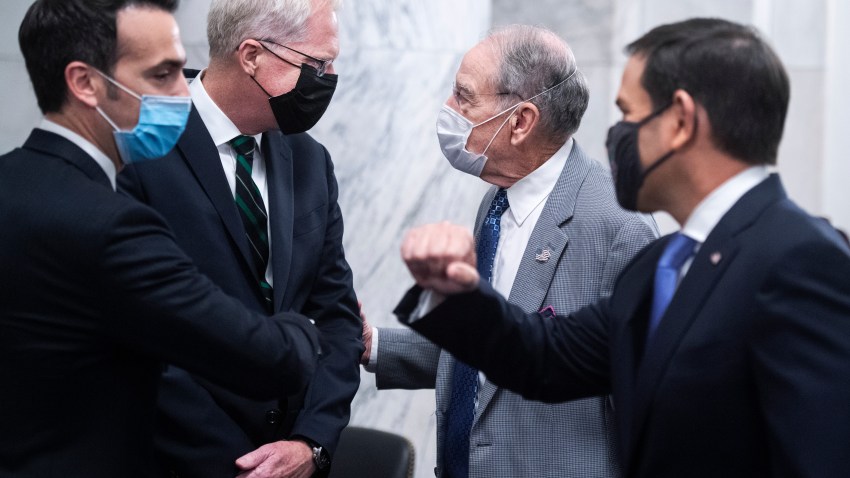 From right, Acting Chairman Marco Rubio, R-Fla., Sen. Chuck Grassley, R-Iowa, Christopher Miller, nominee to be director of National Counterterrorism Center, and Patrick Hovakimian, nominee to be general counsel of the office of the Director of National Intelligence, talk before their Senate Select Intelligence Committee confirmation hearing in Russell Building on Wednesday, July 22, 2020.