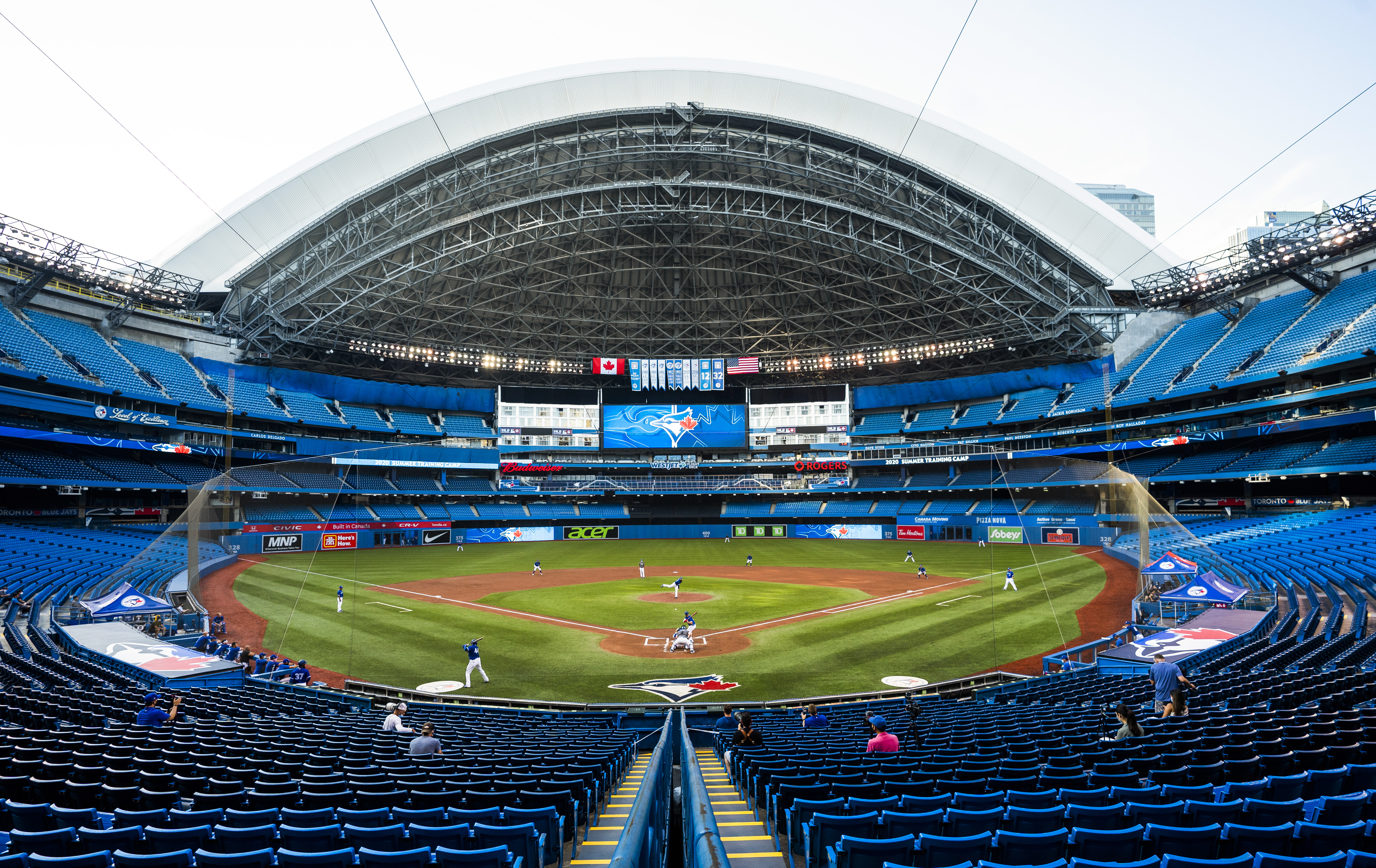 Toronto Blue Jays players take part in an intrasquad game at Rogers Centre on July 9, 2020 in Toronto, Canada