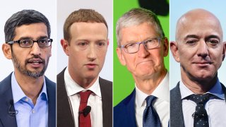 From left: Sundar Pichai, CEO of Alphabet; Mark Zuckerberg, CEO and founder of Facebook; Tim Cook, CEO of Apple; Jeff Bezos, CEO and founder of Amazon. The four figureheads of some of the world's biggest tech companies testified before Congress on July 29, 2020, in response to an antitrust hearing.