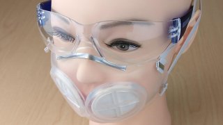 Researchers at MIT and Brigham and Women’s Hospital have designed a silicone rubber face mask that they believe could stop viral particles as effectively as N95 masks. This image shows the mask on a mannequin head.