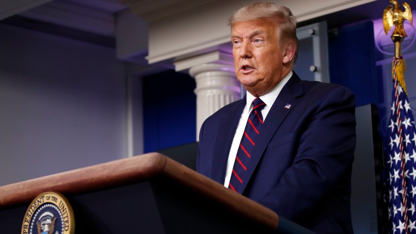President Donald Trump speaks during a briefing with reporters