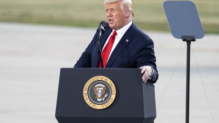 U.S. President Donald Trump speaks during a campaign rally at Wittman Regional Airport Basler Flight Service Hangar in Oshkosh, Wisconsin, U.S., on Monday, Aug. 17, 2020.