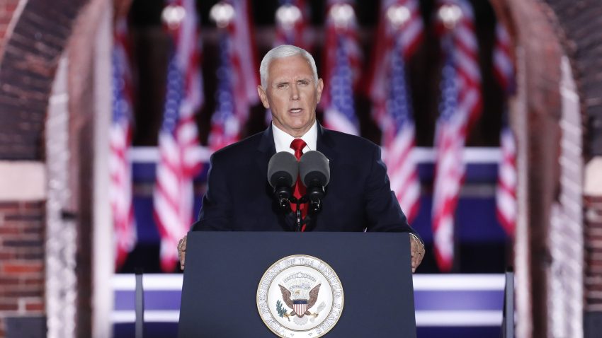 U.S. Vice President Mike Pence speaks during the Republican National Convention at Fort McHenry National Monument and Historic Shrine in Baltimore, Maryland, U.S., on Wednesday, Aug. 26, 2020. Pence will make the case for a second term for himself and President Trump today capping a night at the convention designed to emphasize the military, law enforcement and public displays of patriotism.