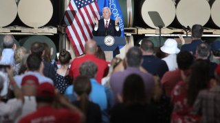 U.S. Vice President Mike Pence speaks to workers at Tankcraft Corporation on August 19, 2020 in Darien, Wisconsin. The visit comes a day after President Donald Trump’s son Eric visited the state and two days after the president visited the state.