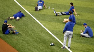 New York Mets socially distance on field