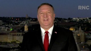 In this screenshot from the RNC’s livestream of the 2020 Republican National Convention, U.S. Secretary of State Mike Pompeo addresses the virtual convention in a pre-recorded video from Jerusalem, Israel, on August 25, 2020.