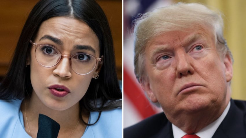 Split image: Alexandria Ocasio-Cortez and Donald Trump